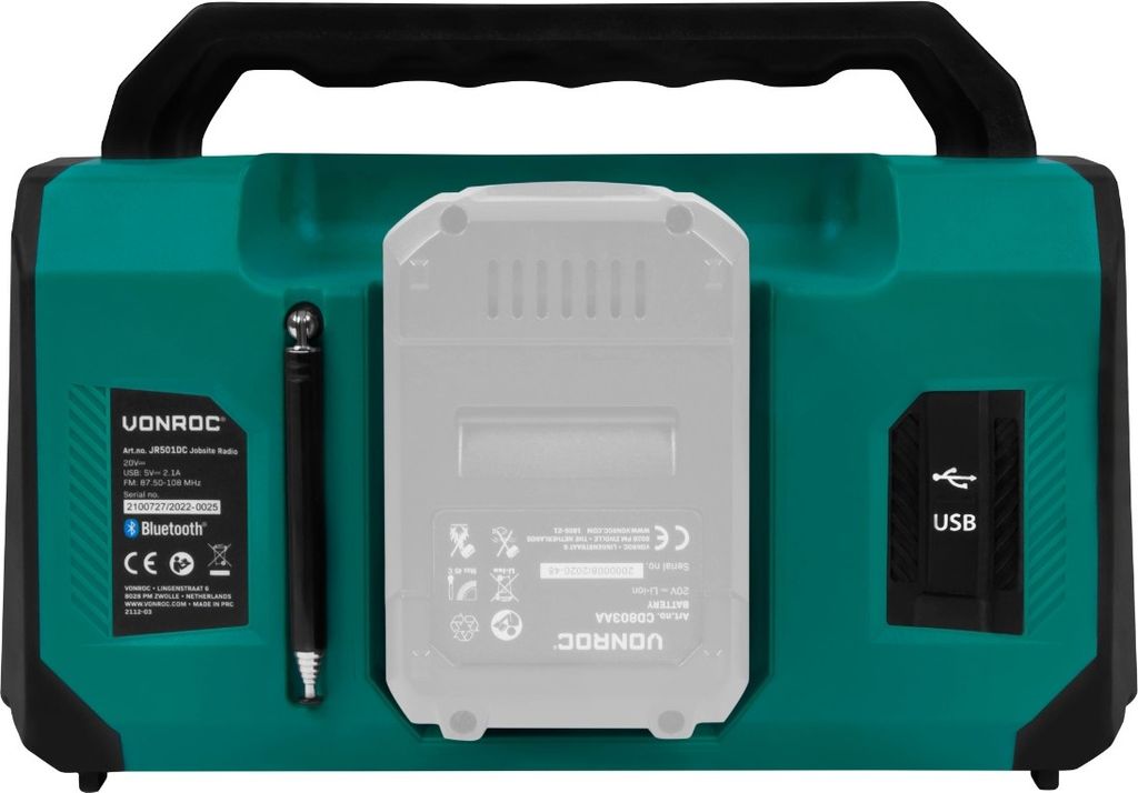 Vonroc Bouwplaatsradio 20V – FM, Bluetooth 5.0, USB Laden, 2x15W Basreflex, Ex. Accu En Lader