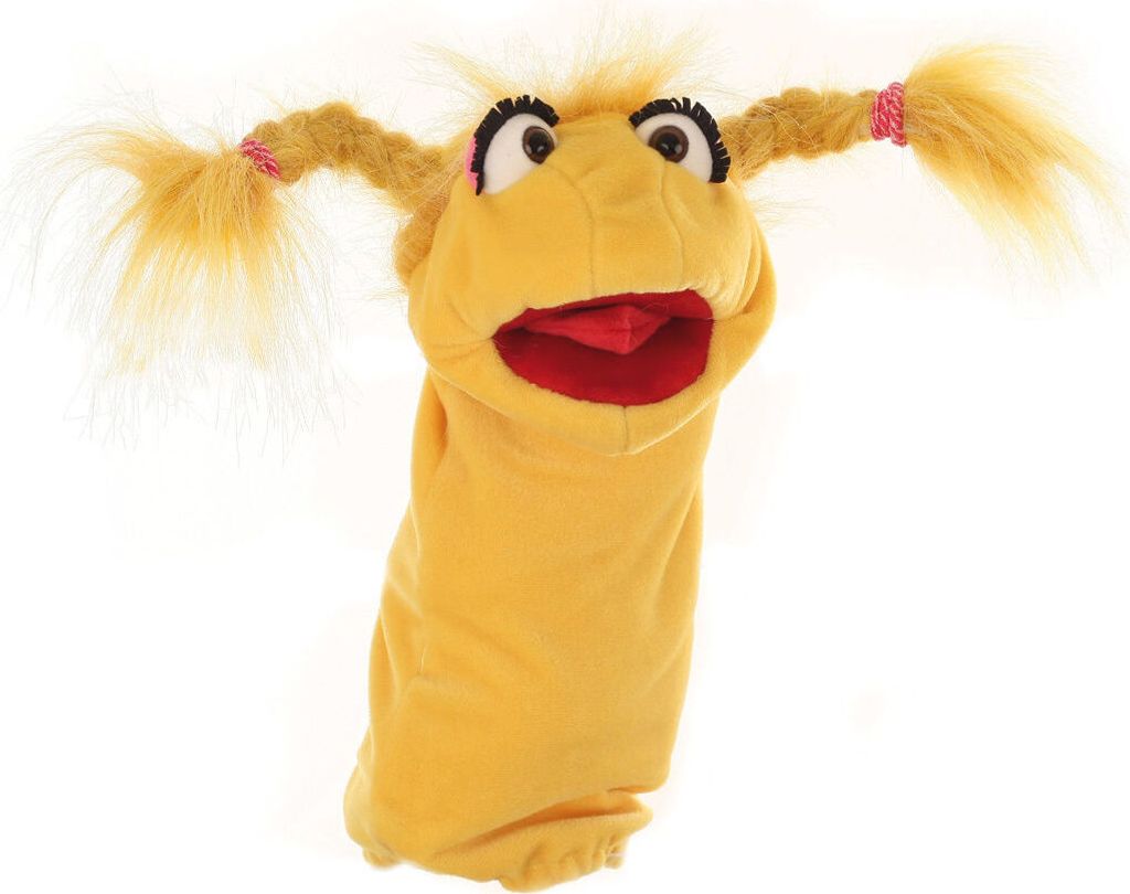 A yellow hand puppet with blonde braided pigtails and pink hair ties, against a white background.