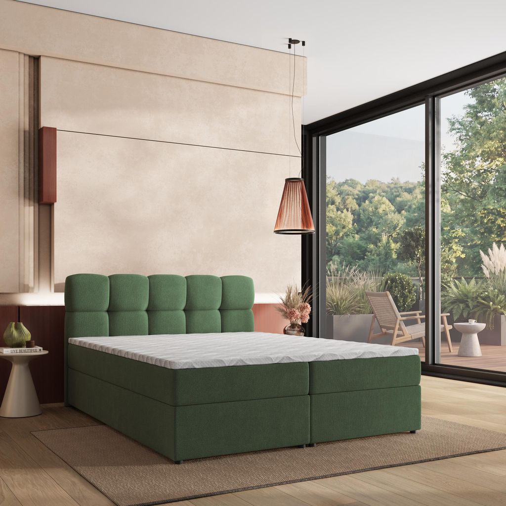 Masseno Boxspringbett MERU 140x200 cm Komplett-Set mit Bonell Matratze und Topper, Polsterbett mit Bettkästen -Grün, SORO 72