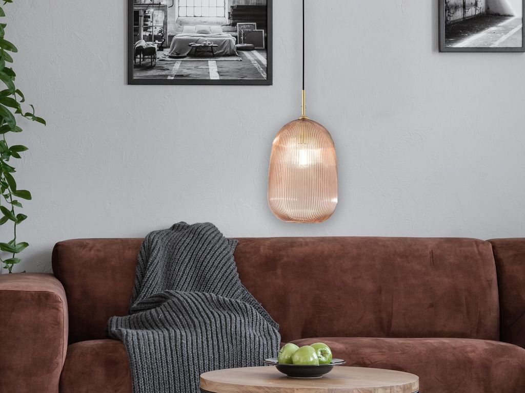 Retro LED Pendelleuchte einflammig mit Rillenglas Lampenschirm Bernstein Ø 21cm