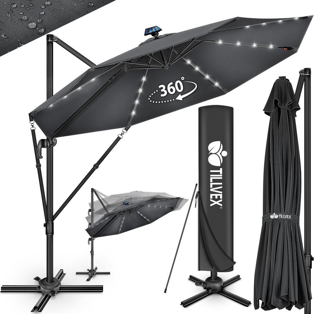 tillvex Premium Alu Sonnenschirm 330 cm Anthrazit + Abdeckung & Windsicherung | Ampelschirm 6-Fach Verstellbar mit Kurbel | Gartenschirm 360° Dr...