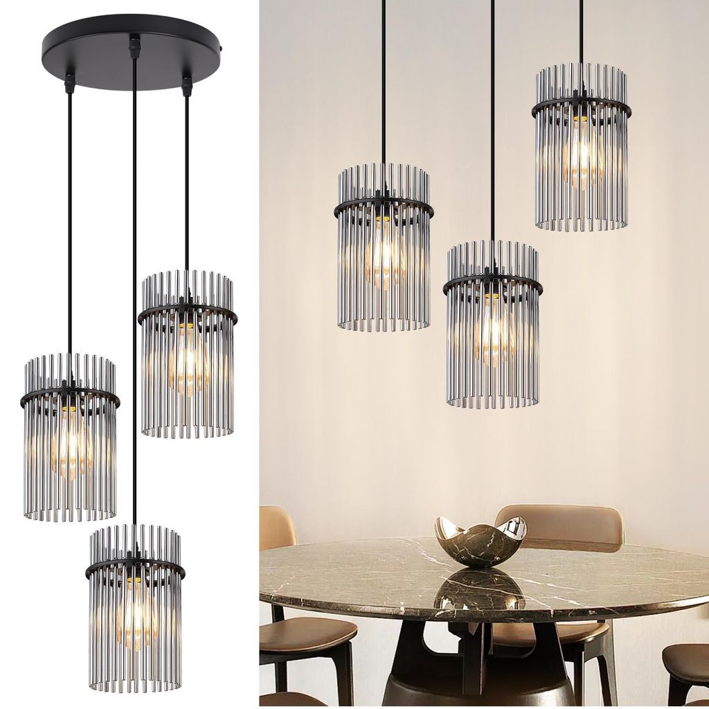 ZMH Pendelleuchte 3 Flammig Hängelampe Schwarz - Hängeleuchte Esstisch Rund E27 Pendellampe Glasschirm Ø 16 Vintage für Esszimmer Küche Wohnzi...