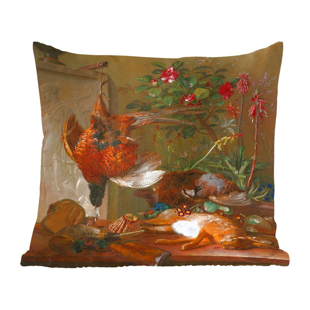 MuchoWow Zierkissen Sofakissen Wohnzimmer Dekokissen 60x60 cm Stilleben mit Jagdgeschirr und griechischer Stele: Allegorie des Herbstes - Gemäld...