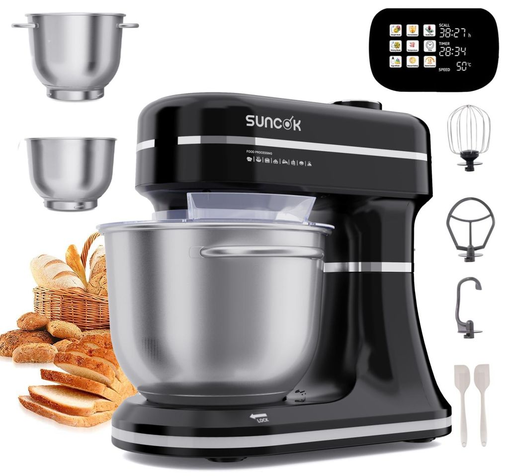 SUNCOK Multifunktions Küchenmaschine,1500W,2 Edelstahl-Rührschüssel 4.5L+5.5L,12 Geschwindigkeiten,mit Touchscreen, Heiz-und Gärfunktionen,Time...