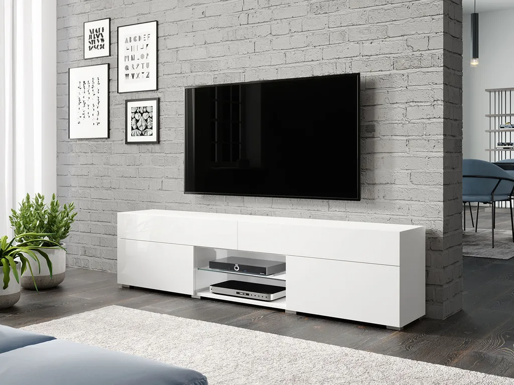 Meuble TV CHIKAKO blanc brillant 160cm - Design moderne chic pour salon