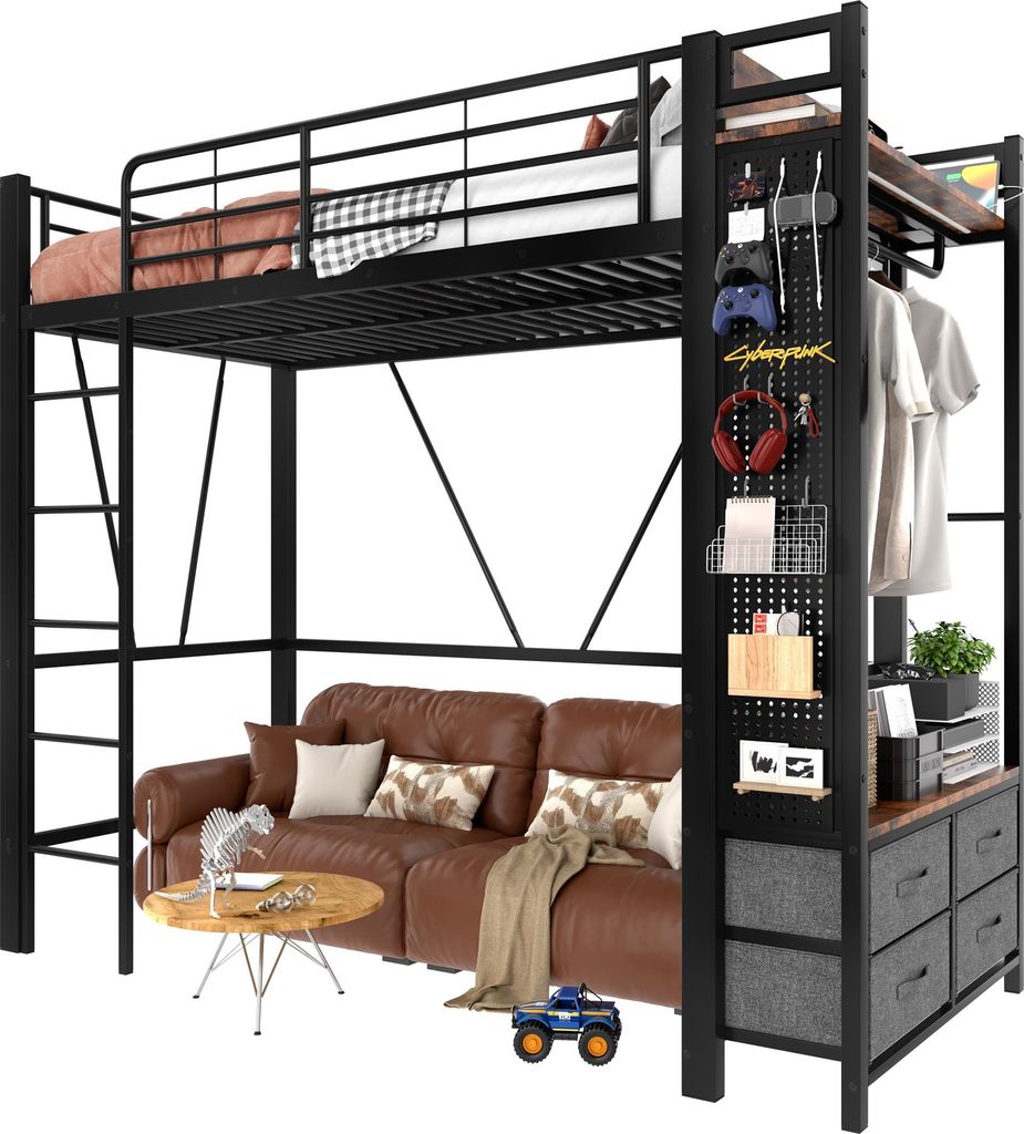 Hochbett mit Schubladen und LED-Beleuchtung, 90x200cm, Kleiderstange, Mehrfachsteckdose, Metallbett mit Rausfallschutz, Jugendbett