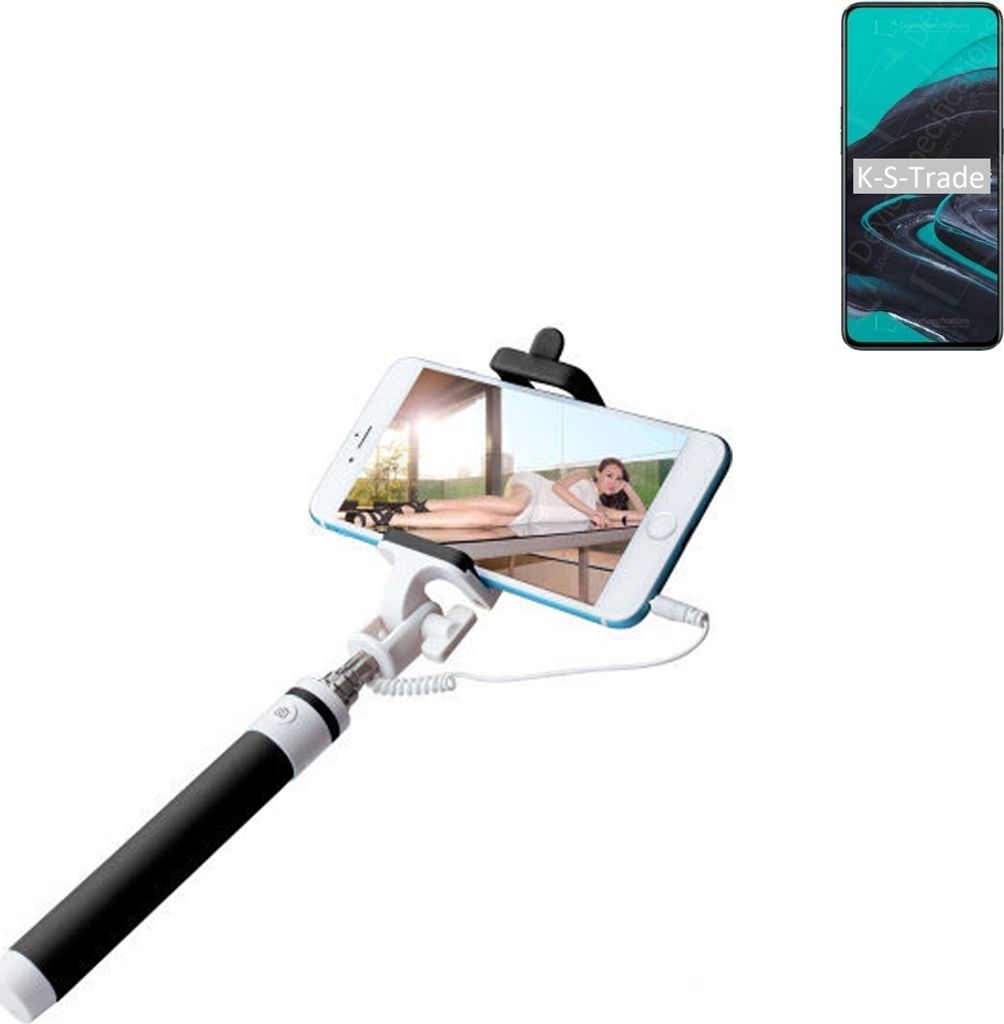 K-S-Trade Selfie Stick kompatibel mit Oppo Reno2 Selfiestick kabelgebunden Monopod mit Kabel Stab Stange Selfportrait Handheldstick schwarz 1x