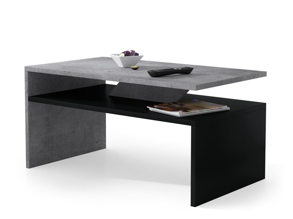 All4All kleiner Couchtisch Pico , Kaffeetisch , Wohnzimmertisch , Sofatisch mit Ablage , kleiner Tisch , 90x50cm , 05 , Beton + Schwarz