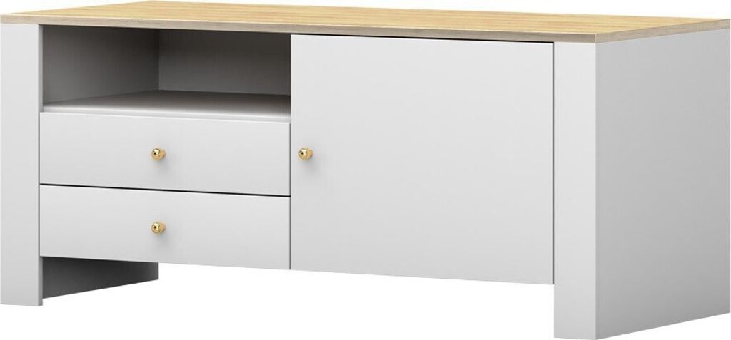 Lowboard, TV-Board, Fernsehschrank, Fernsehtisch, Weiß+Hickory+Gold AGAWA 05