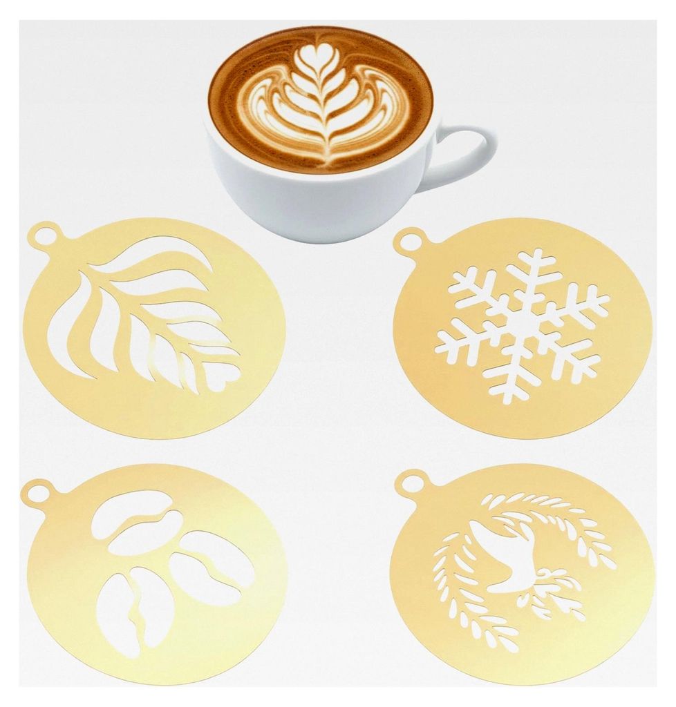 4 Stück Edelstahl Latte Art Schablonen für Cappuccino, Torten und Kuchendekoration (Gold/11,5 cm)