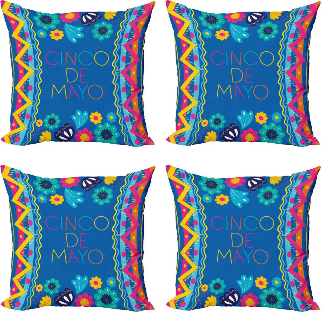 ABAKUHAUS Cinco de Mayo Kissenbezug Set (4 Stück), floral Verziert, Moderner Doppelseitiger Digitaldruck, 45 cm x 45 cm, Azure Blau Multicolor
