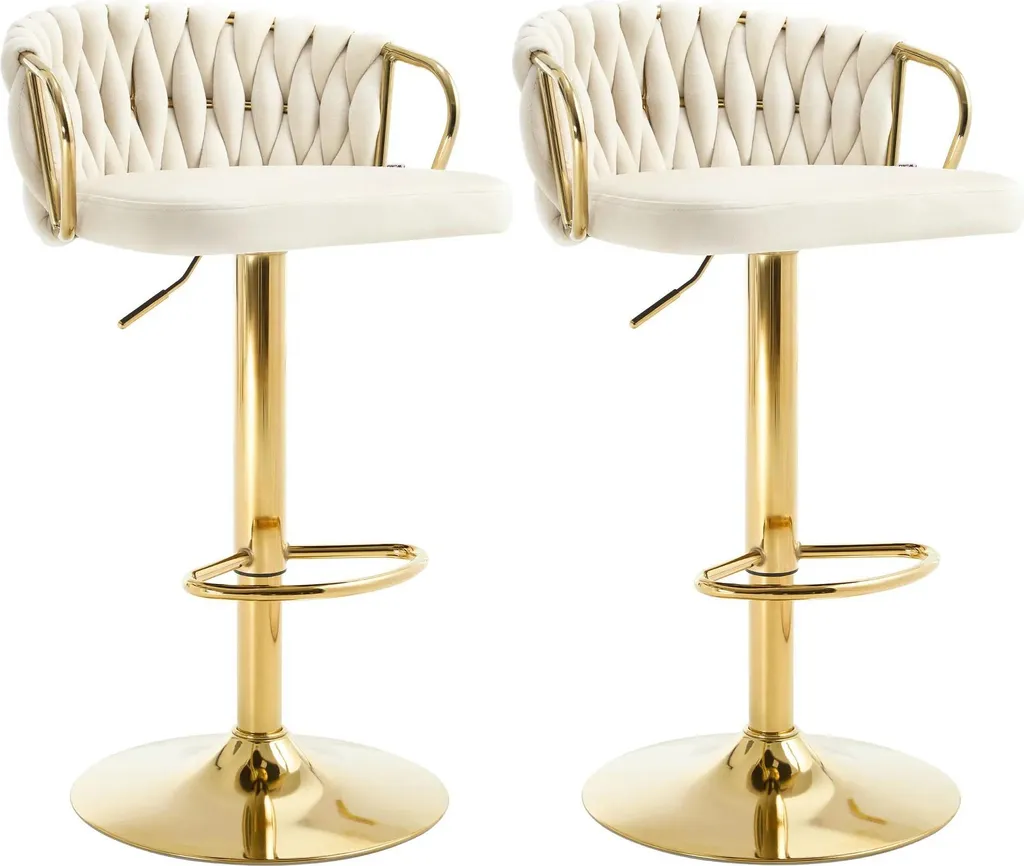 Lot de 2 tabourets de bar en velours blanc crème réglables et pivotants