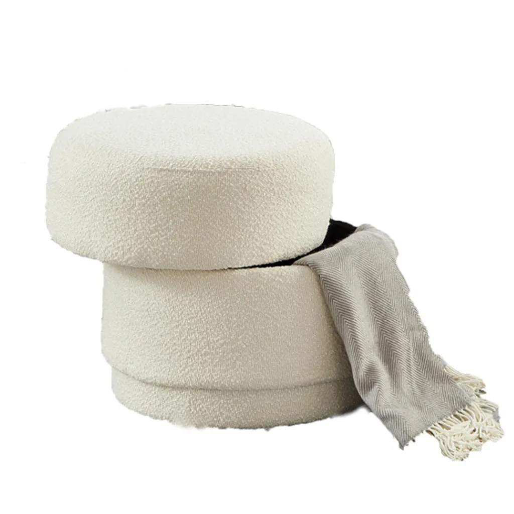 Pouf de Rangement Rond en Bouclette Beige - Coffre et Siège d'Appoint