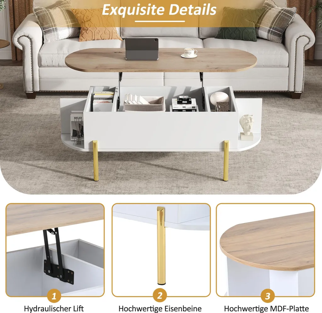 Table de Salon Relevable Multifonction avec 7 Niches de Rangement Blanc - 7