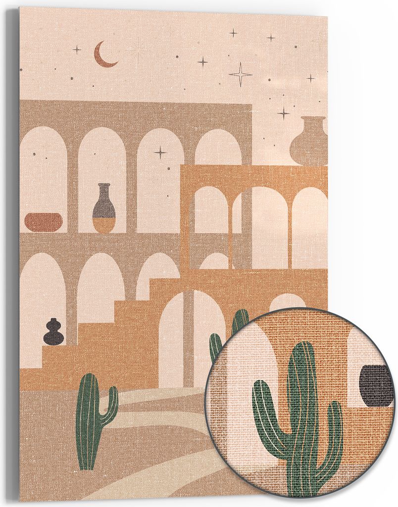 DEQOART Hybrid Leinwand Bild 60x90 cm 'Stille Wüstenstadt' Wandbild Glas flach modern