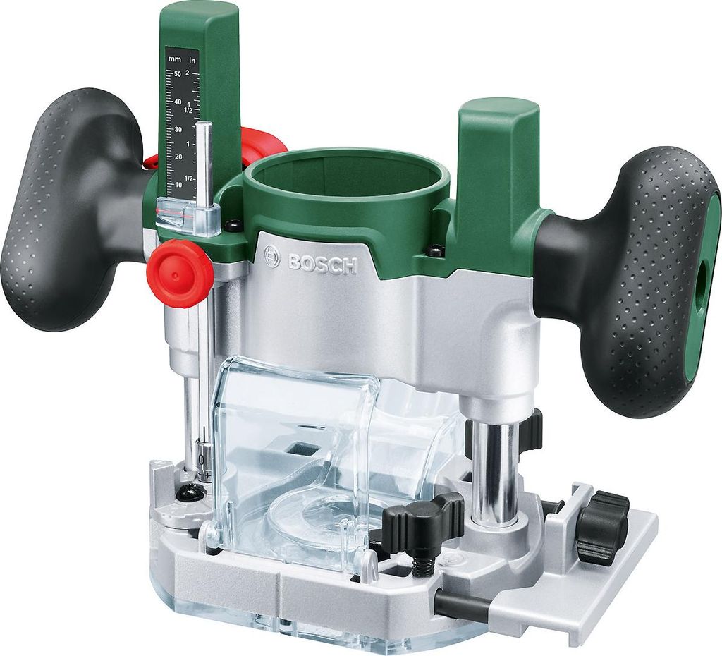 A product shot of a Bosch cordless router base unit against a white background.