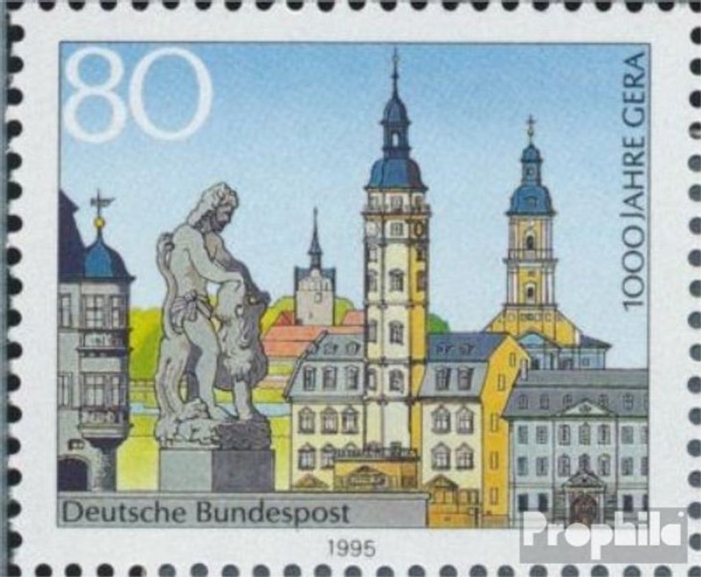 Briefmarken BRD (BR.Deutschland) 1995 Mi 1772I (kompl.Ausg.), Dicker Strich an der Laterne (Feld 8) postfrisch 1000 Jahre Gera