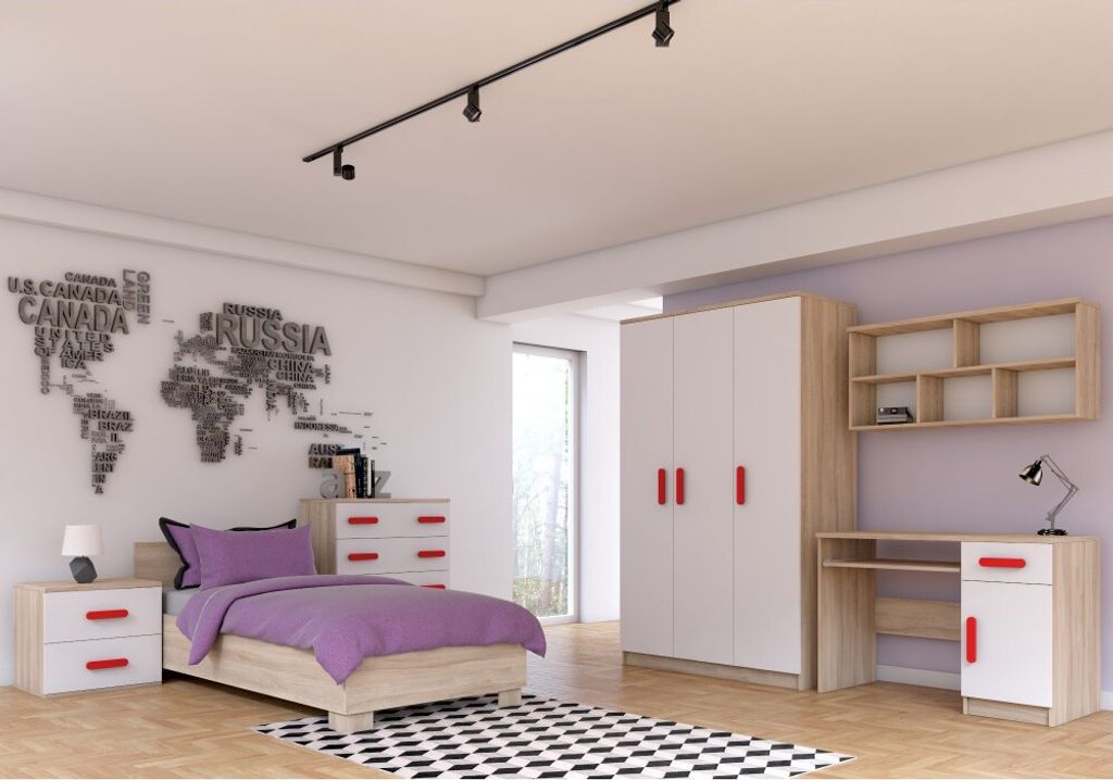 Kinderzimmer-Set Bett Schrank Wandregal Kommode Schreibtisch Nachttisch Sonoma/Weiß mit roten Griffen ohne Matratze Jonas IV 03