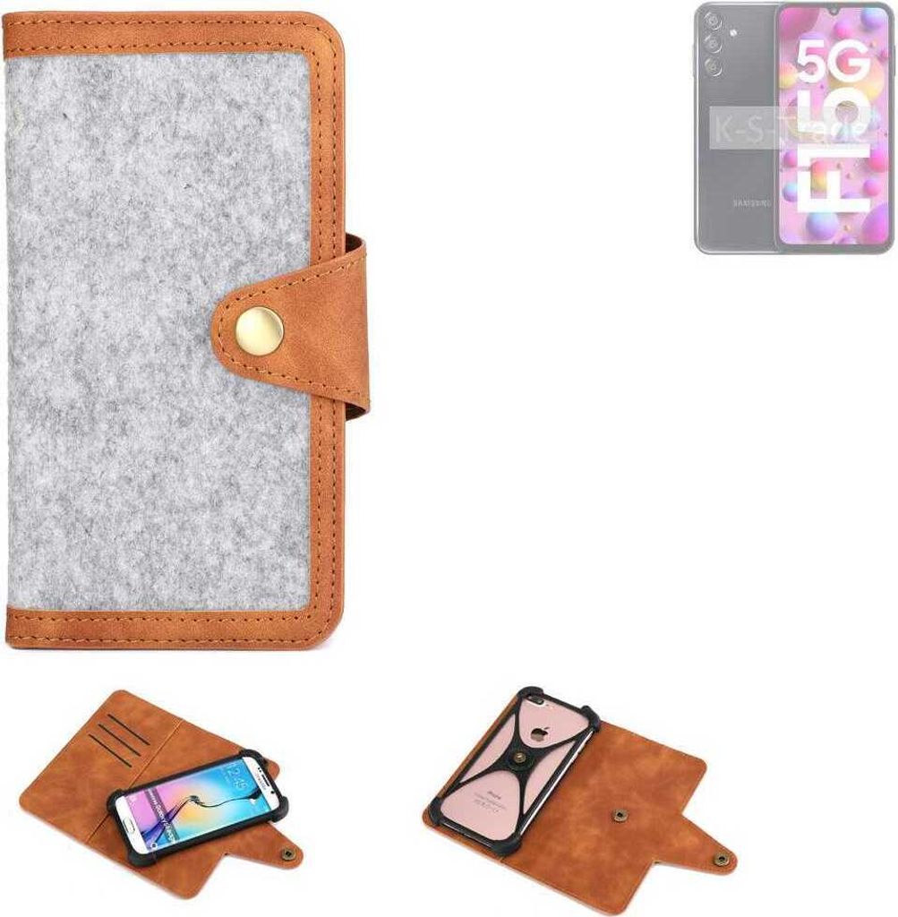 K-S-Trade Handyhülle kompatibel mit Samsung Galaxy F15 5G Schutzhülle Filz-Hülle Kunst-Leder hellgrau braun (1x)