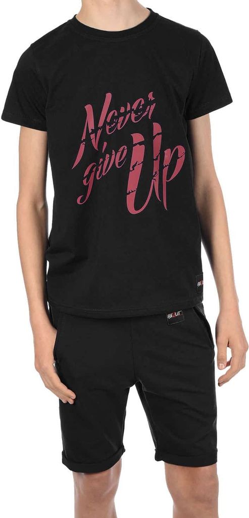 BEZLIT Jungen Sommer Set T-Shirt NEVER GIVE UP und Stoff Shorts Schwarz / Schwarz Bordeaux 116/122