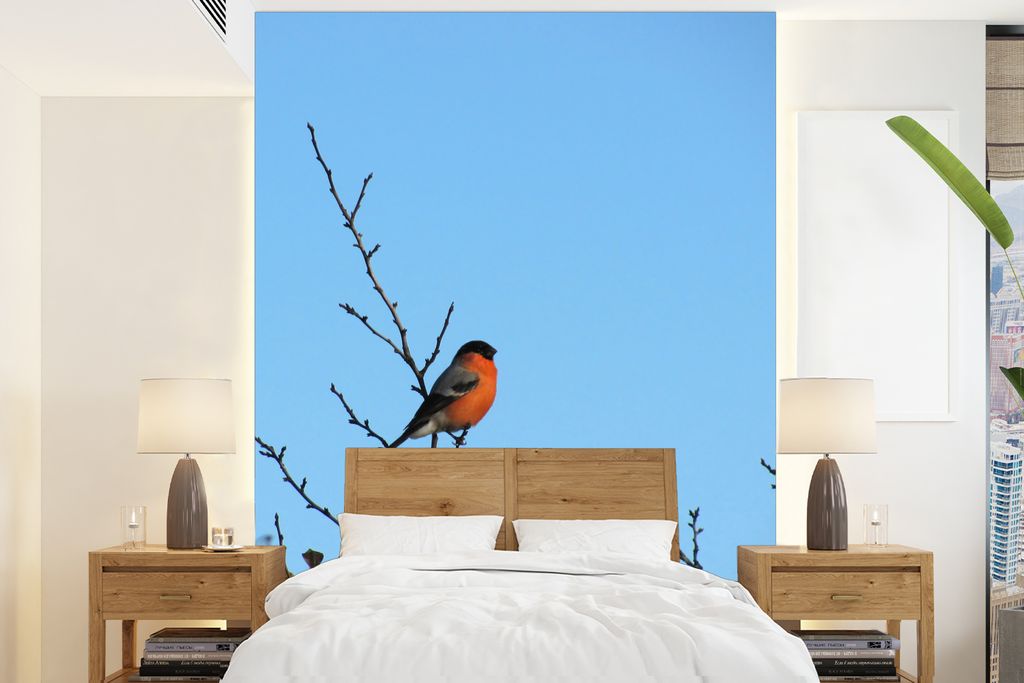 MuchoWow Fototapete für Wohnzimmer oder Schlafzimmer Wandtapete Vinyl Motivtapete Ein Gimpel bei hellblauem Himmel - 190x260 cm - Papiertapete