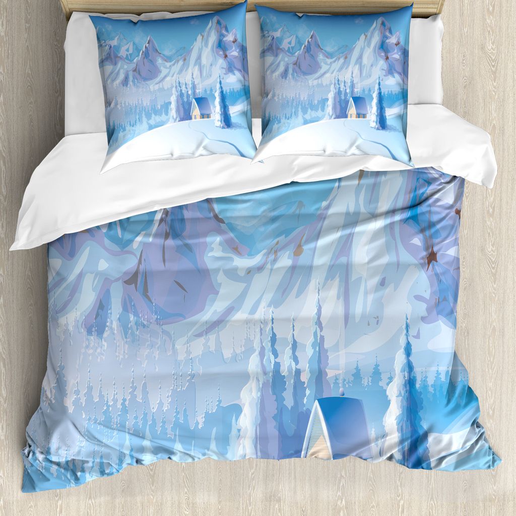 ABAKUHAUS Weiß Bettbezugs Set Für Doppelbetten, Kleine Hausberge, Milbensicher Allergiker geeignet mit Kissenbezügen, Blau