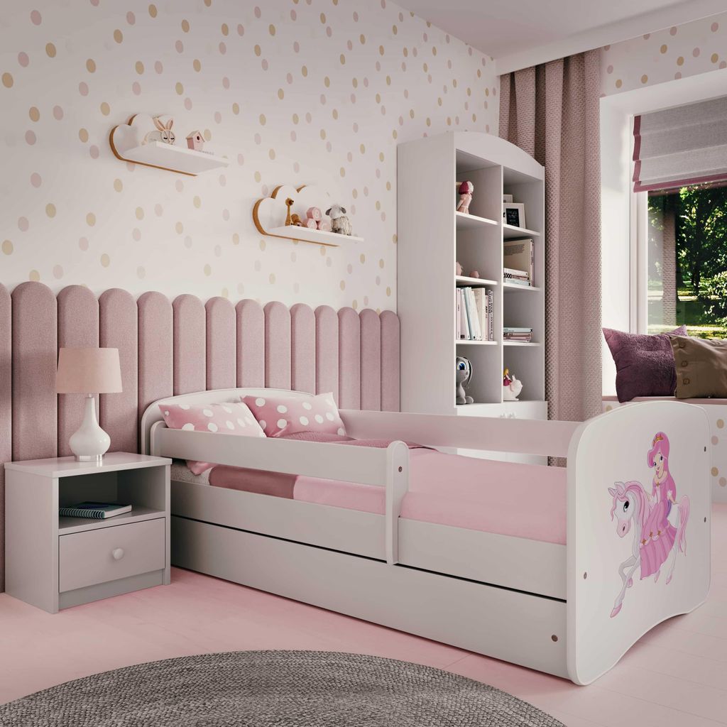 Kinderbett Jugendbett Prinzessin zu Pferd 70x140, 80x160, 80x180 cm - Komplettset mit Matratze, Schublade & Rausfallschutz