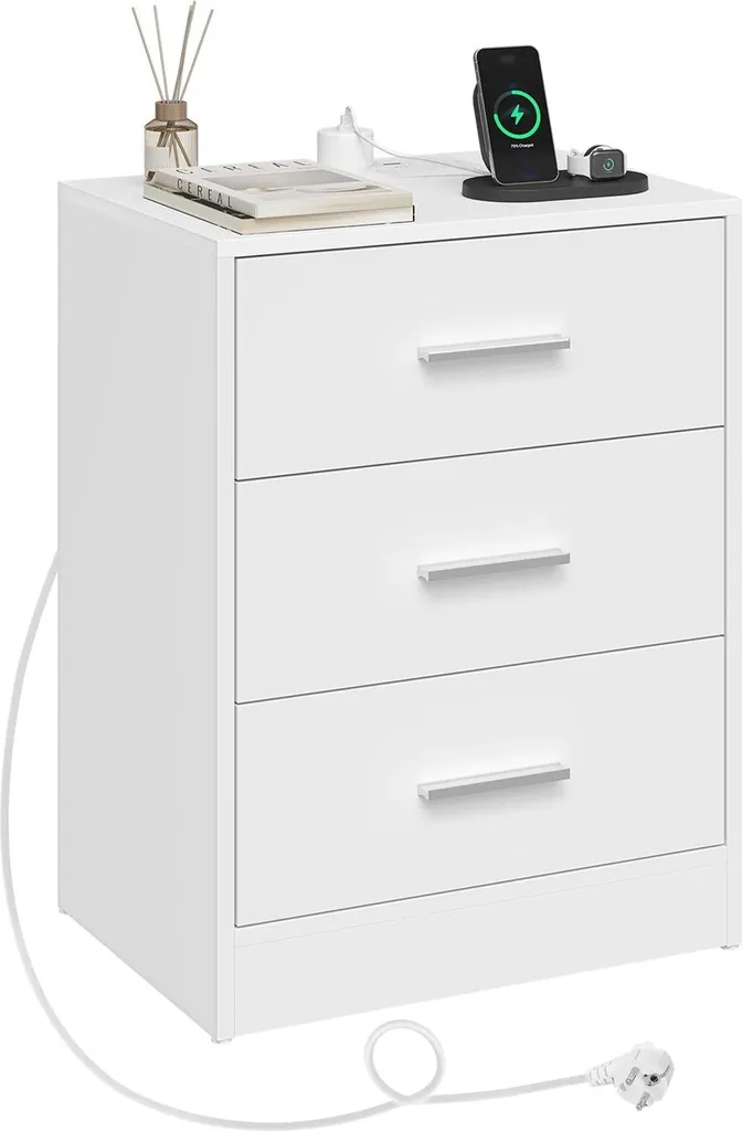 Petite table de nuit blanche 3 tiroirs de 54 cm de haut avec recharge USB