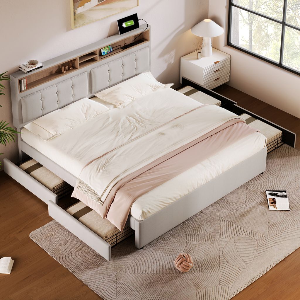 okwish Polsterbettgestell 140 x 200 cm, Doppel-Designbett mit 4 Schubladen und USB-C-Buchse, höhenverstellbares Kopfteil, Holzlattenbett (Matratze...