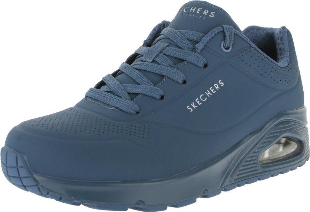 A blue Skechers sneaker is shown from the side against a white background.