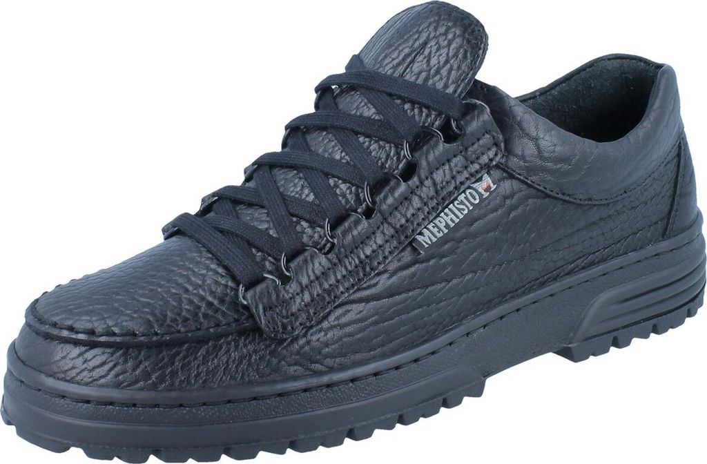 A black leather Mephisto shoe is shown against a white background.