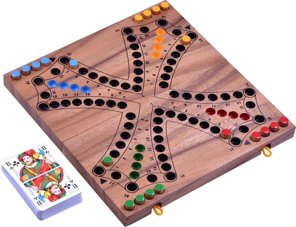 A wooden board game with colorful playing pieces and a deck of cards.