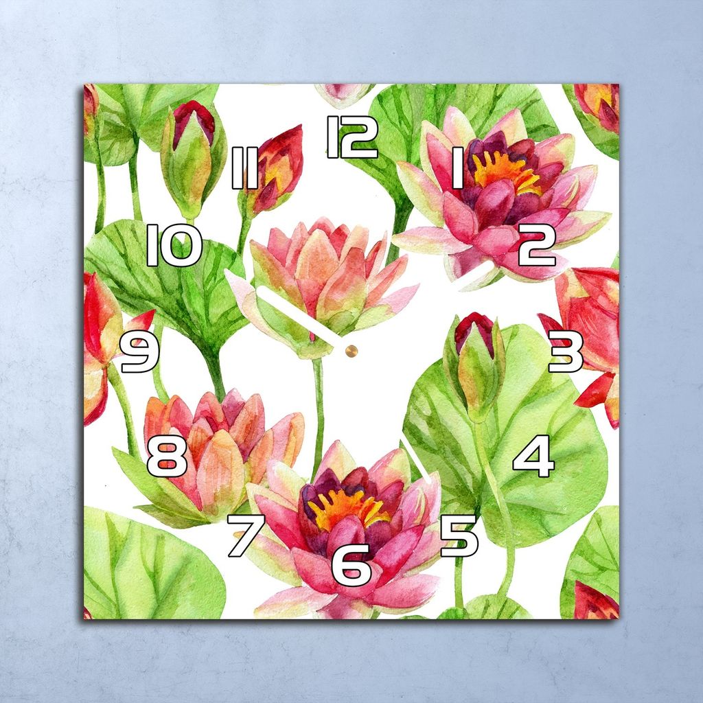 Deko Glasuhr Wanduhr 30x30 Lotusblüten Blätter Quarz Küchenuhr Bürouhr