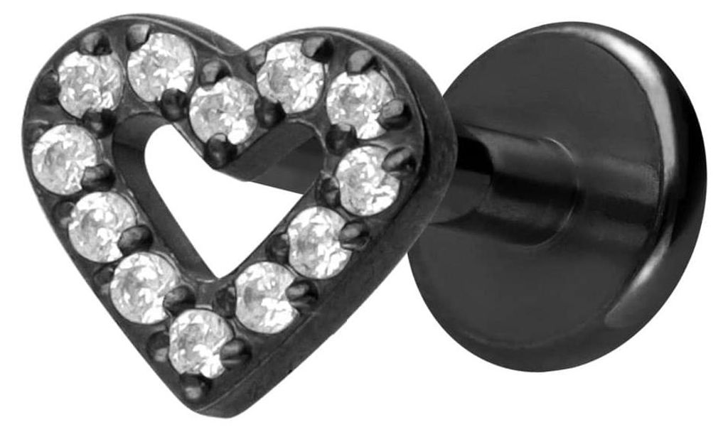 Ohrpiercing, Nasenpiercing Titan Labret mit Innengewinde KRISTALLHERZ Schwarz Stablänge: 8mm | Stabstärke: 1,2mm