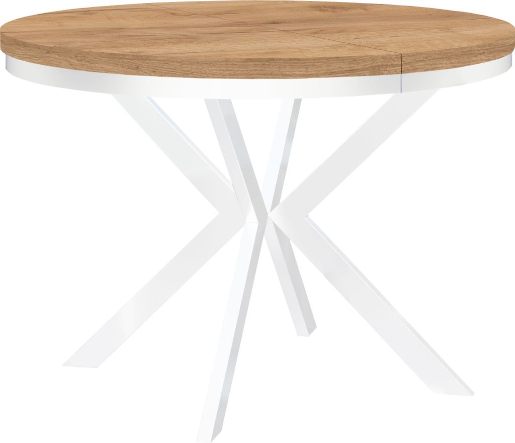 Runder Ausziehbarer Tisch für Esszimmer ENDIK mit Ring-Gestell und Metallbeinen, Durchmesser: 100 / 150 cm, Farbe: Eiche Craft Gold / Weiß