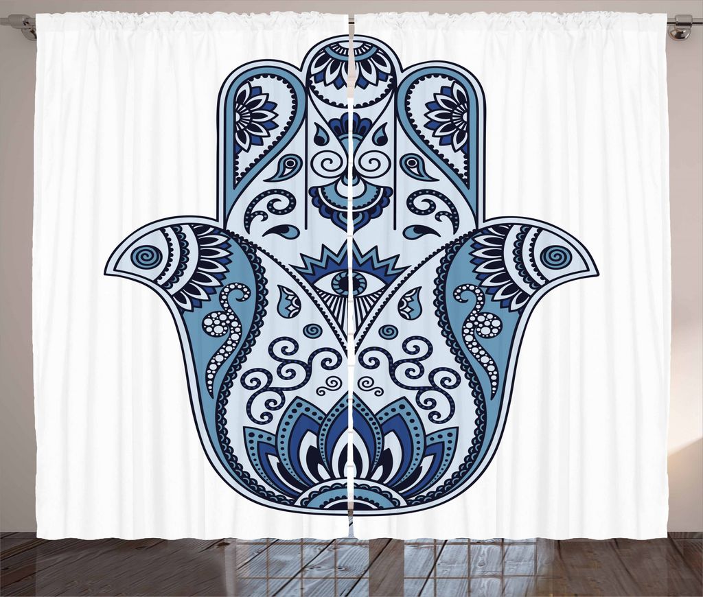 ABAKUHAUS Hamsa Rustikaler Vorhang, Mystisch, Wohnzimmer Universalband Gardinen mit Schlaufen und Haken, 280 x 245 cm, Babyblau Hellblau