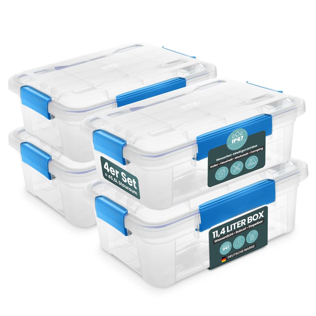 Kreher Aufbewahrungsbox 11.4 L mit Deckel - wasserdicht & staubdicht, transparent & stapelbar, BPA- & schadstofffrei, robuste Kunststoffbox (4 St...