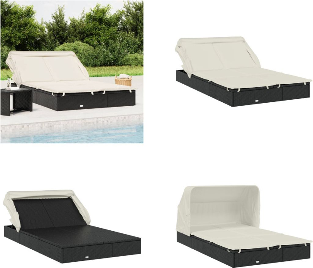 vidaXL 2 Personen Sonnenliege mit Dach Schwarz 213x118x97 Poly Rattan - Sonnenliege - Sonnenliegen - Sonnenbett - Tagesbett