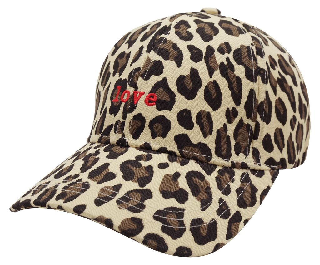 Baseball Cap für Damen - Leopardenmuster „Love“ Stickerei – Moderner Animal Print – Verstellbare Baumwolle Kappe – Frauen Base Cap Beige...
