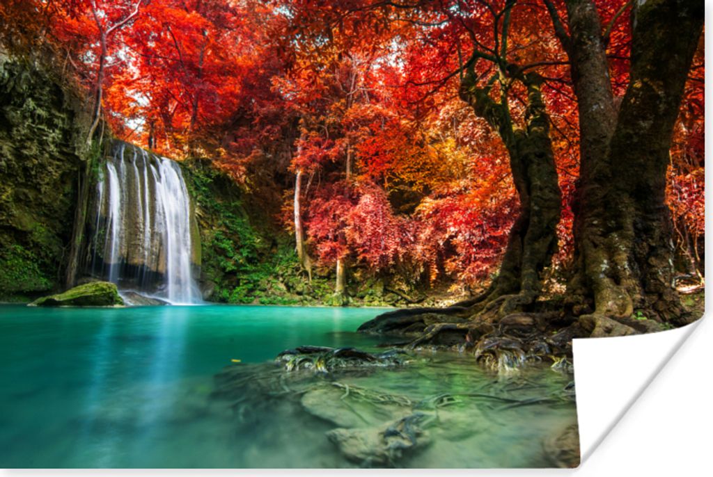 MuchoWow Poster Wasserfall - Baum - Rot - Herbst - Wasser 30x20 cm - Plakate - Print