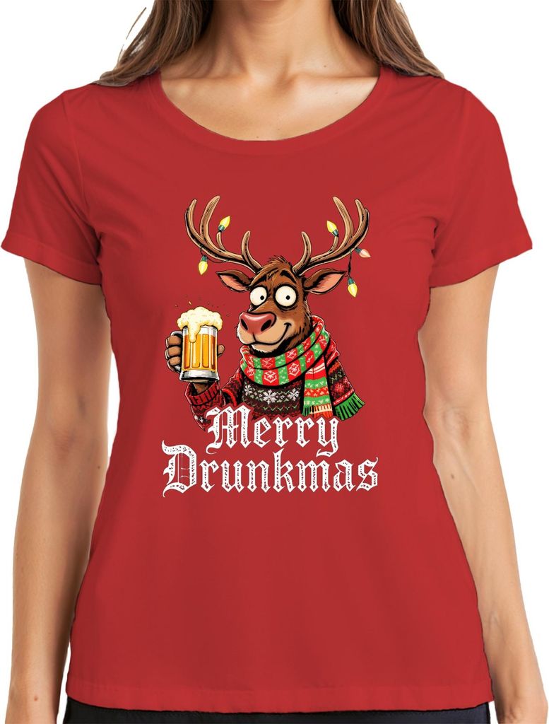 Merry Drunkmas Rentier mit Bier Weihnachten lustig Geschenk Party Damen T-Shirt, Rot, M