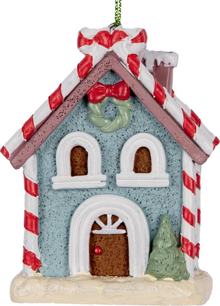 Clayre & Eef Weihnachtsanhänger Lebkuchenhaus 6x4x8 cm Blau Kunststoff