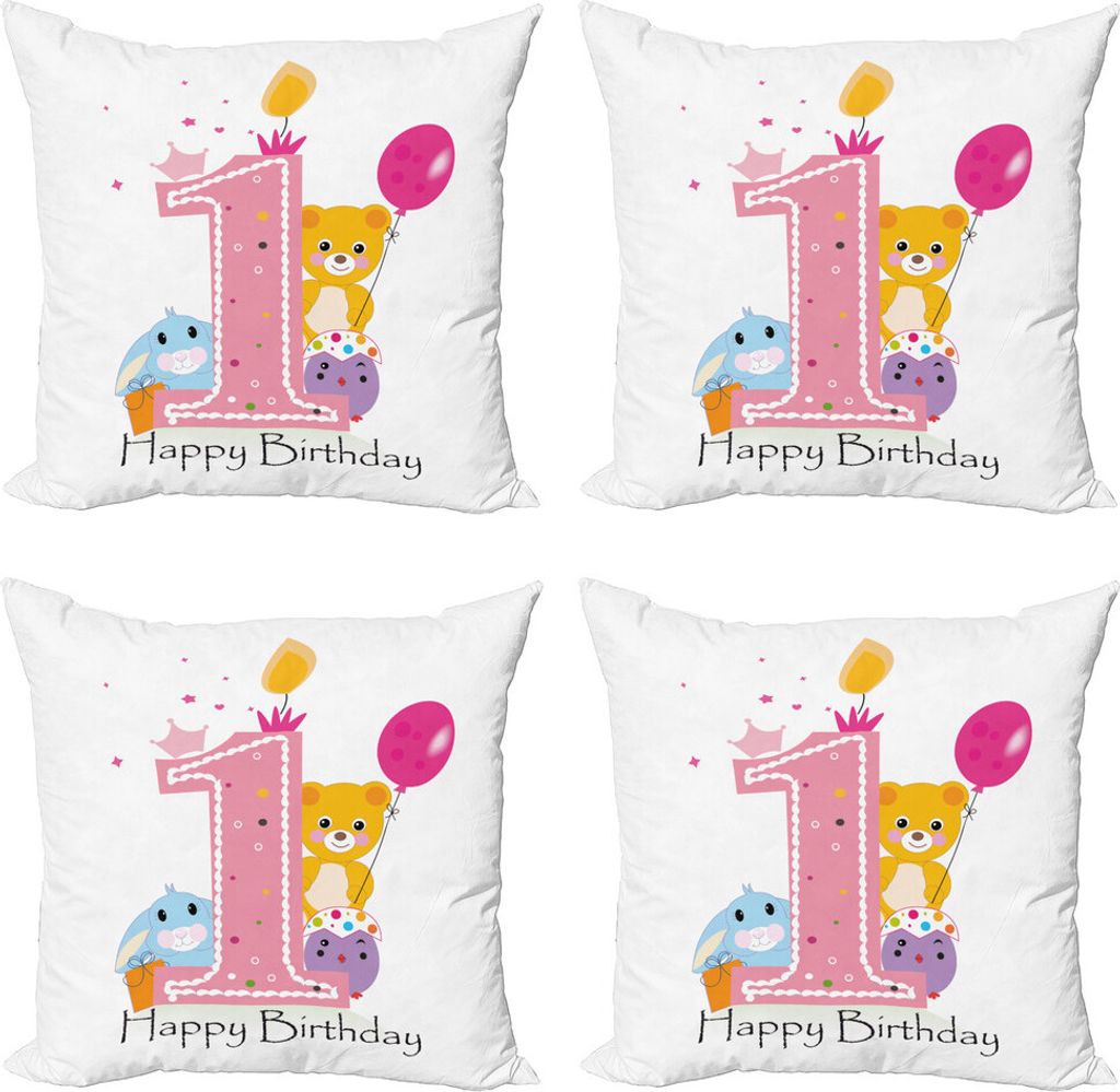 ABAKUHAUS 1. Geburtstag Kissenbezug Set (4 Stück), Prinzessin Girl Party, Moderner Doppelseitiger Digitaldruck, 45 cm x 45 cm, Blassrosa und Pink