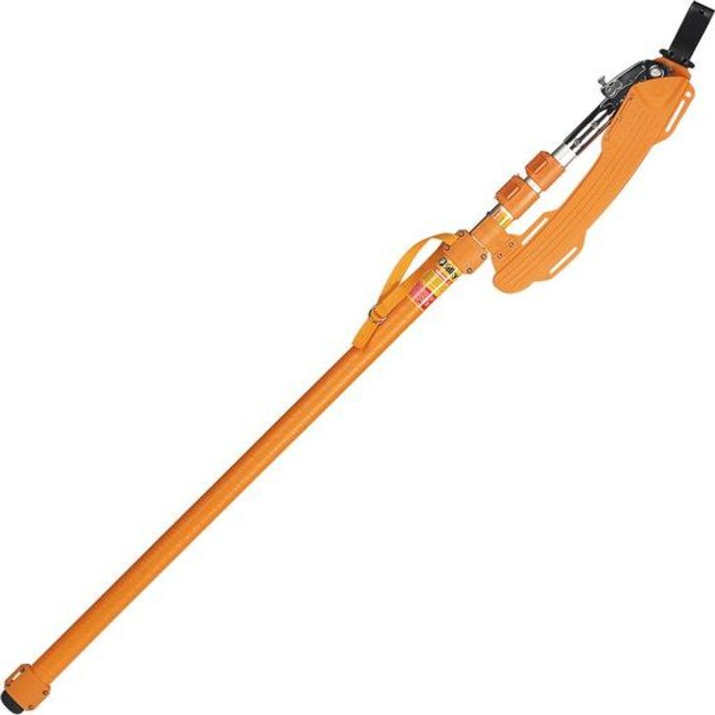 A long orange pole saw with a black handle attachment is shown against a white background.