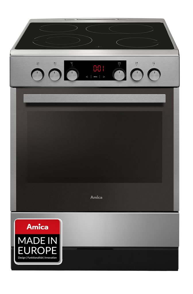 A standalone electric stove with a glass ceramic cooktop and an oven.