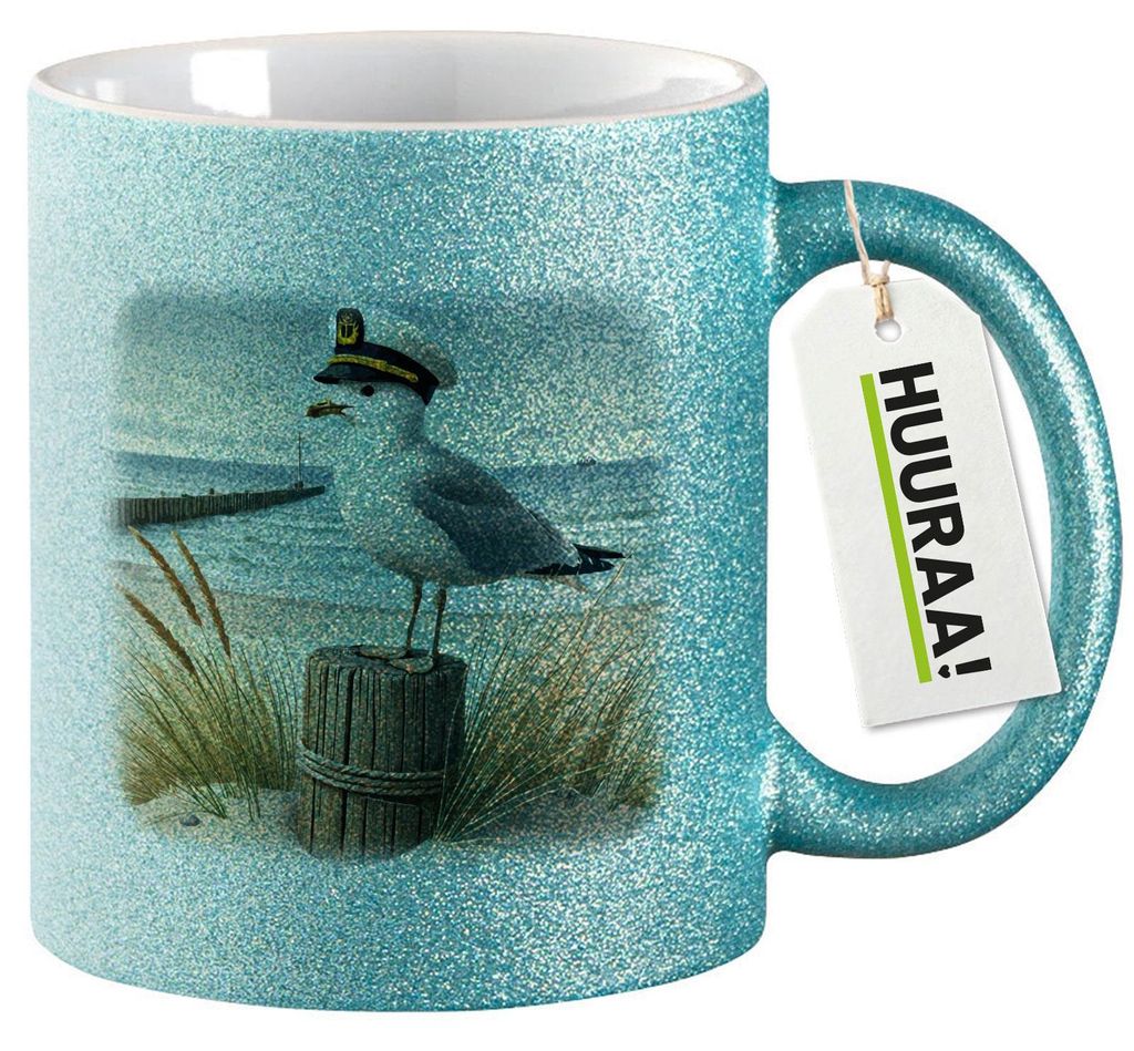 Huuraa Glitzertasse Käpitän Möwe Strand Küste 330ml Blau Keramik Kaffeebecher Geschenkidee