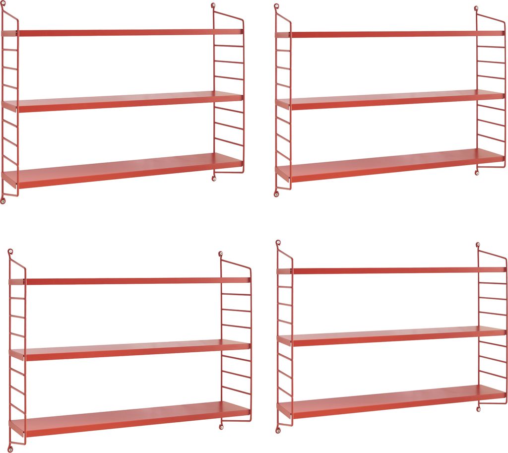 Four identical red modular wall shelves are displayed against a white background.