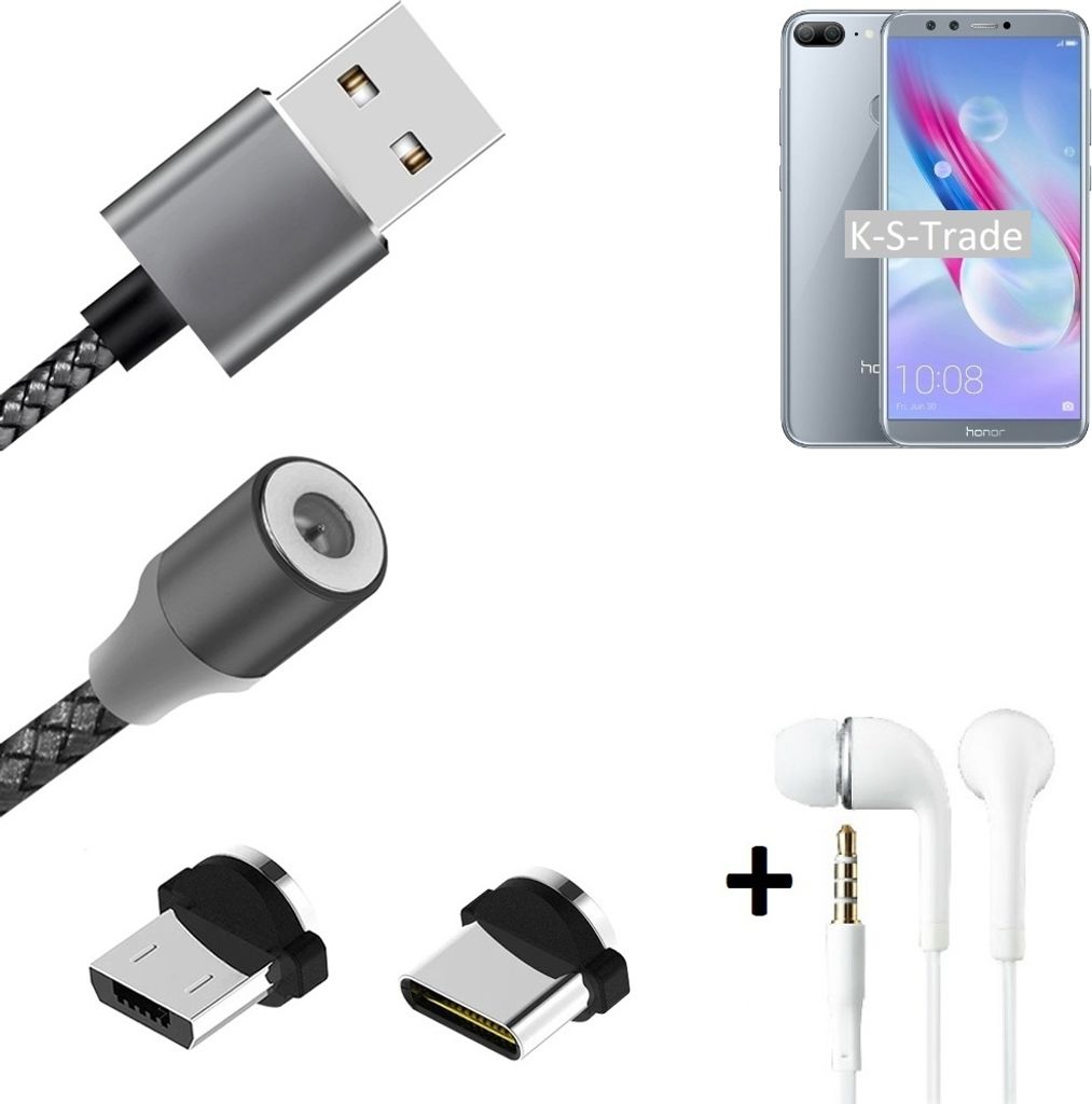 K-S-Trade Hochwertiges Magnet-Lade-kabel Sync-Kabel Daten-Kabel + Kopfhörer für Huawei Honor 9 Lite mit USB-Typ-C-Anschluss und