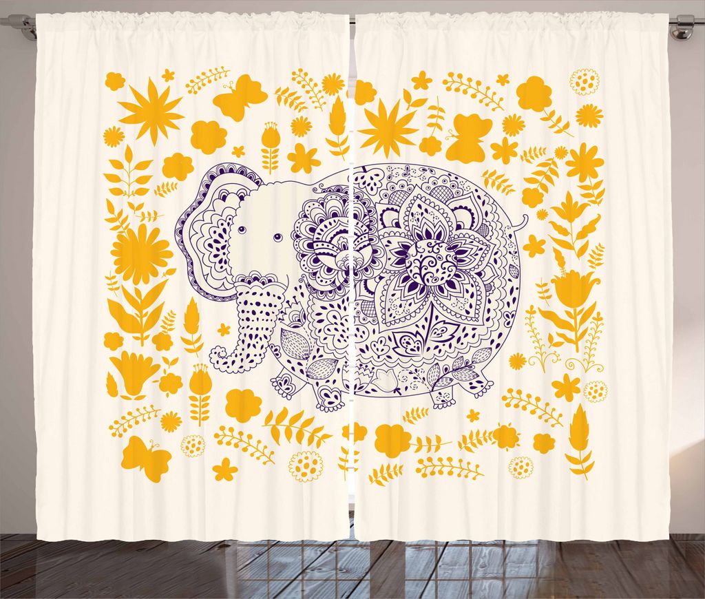 ABAKUHAUS orientalisch Rustikaler Vorhang, Ethnische Floral Elephant, Wohnzimmer Universalband Gardinen mit Schlaufen und Haken, 280 x 225 cm, Whit...