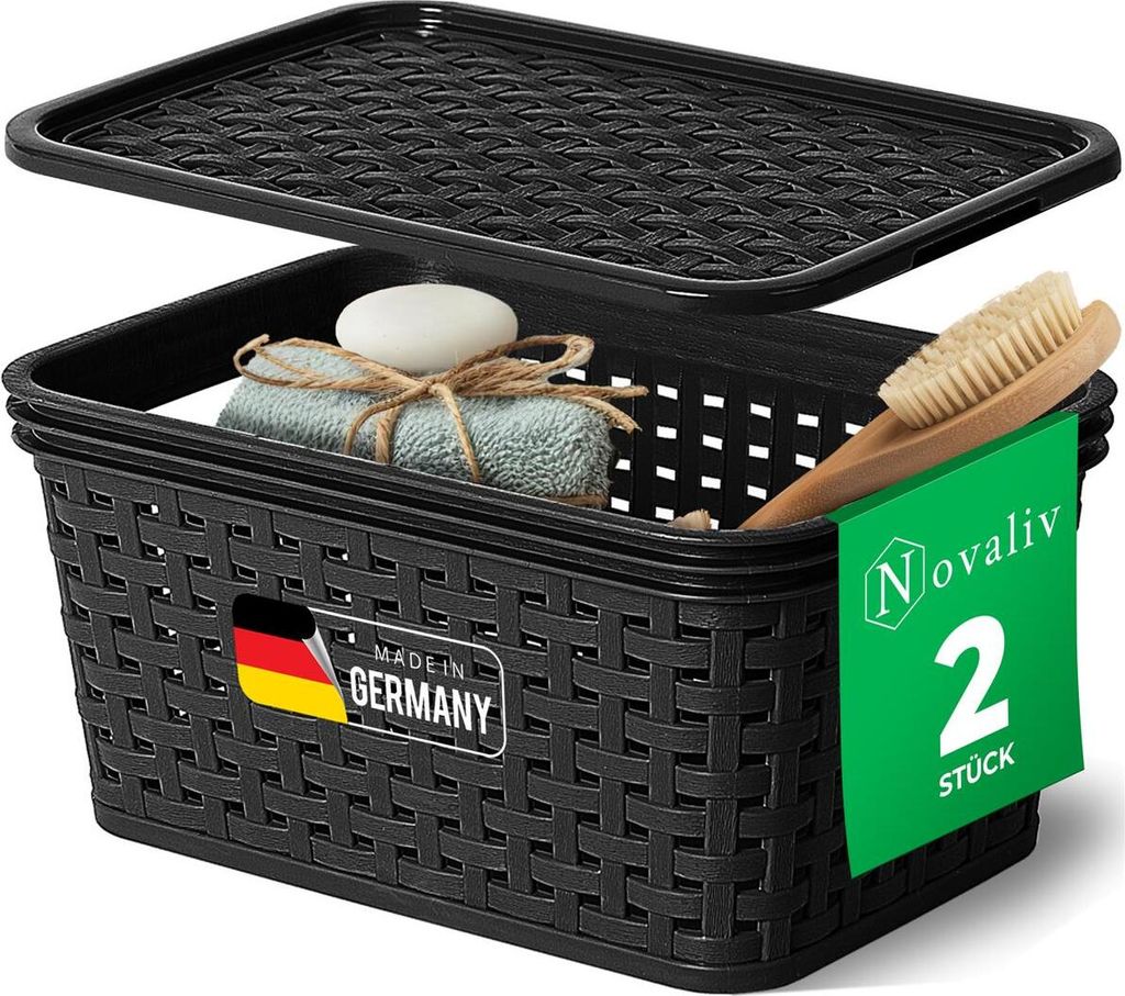 Novaliv 2er Set Eleganter Aufbewahrungskorb mit Deckel in Rattan Optik | Schwarz Lebensmittelecht Kunststoff 1L Perfekt für Bad & Kleidungsaufbewa...